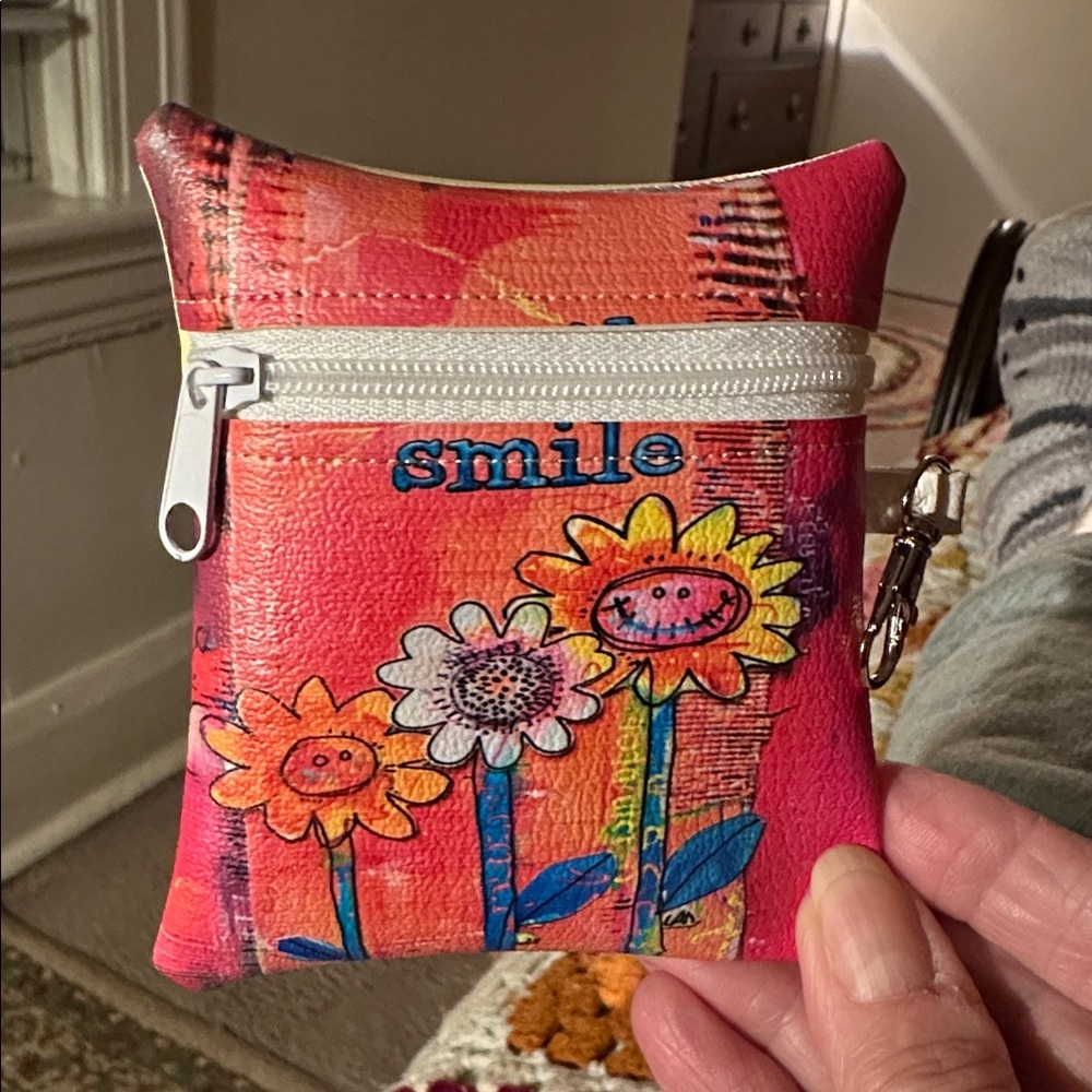 Hand Crafted Floral Coin Card Zipper Pouch with text ‘SMILE’